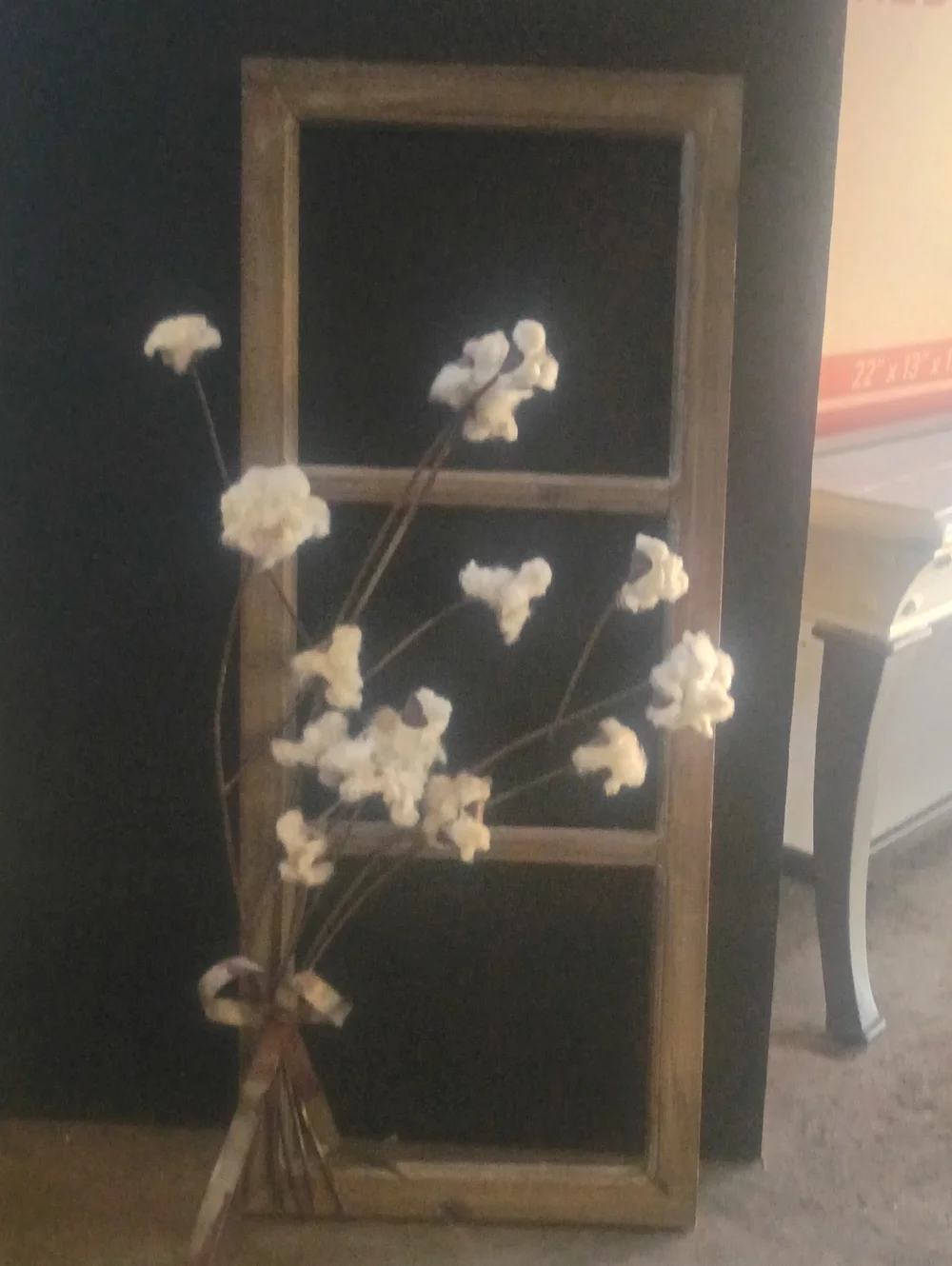 Rustic Wood Window Frame with White Cotton Stem Decor